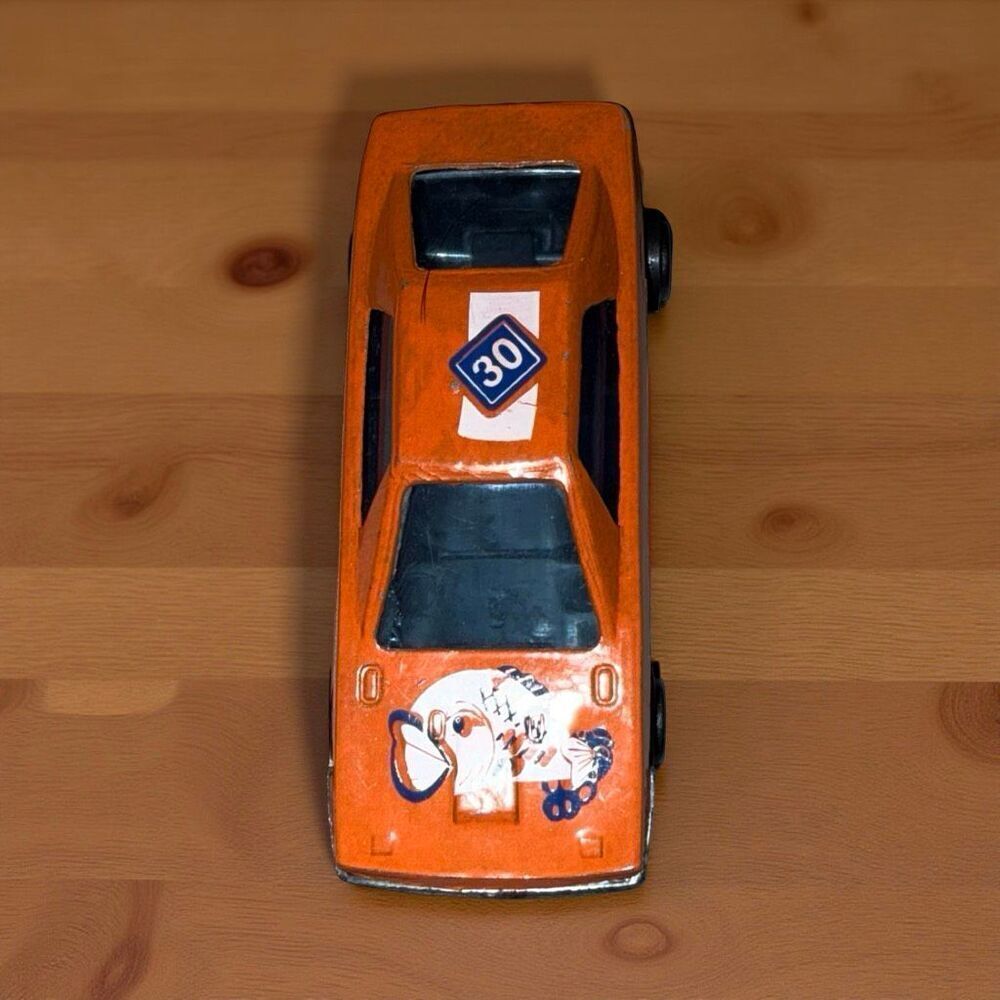 70s Vintage Orange Metal Toy Car by SOMA INTL LTD Metal Die-Cast 2 5/8”
